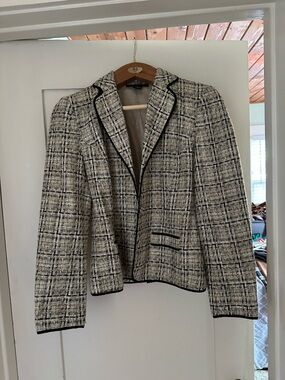 Black and White Tweed Blazer with Contrast Piping